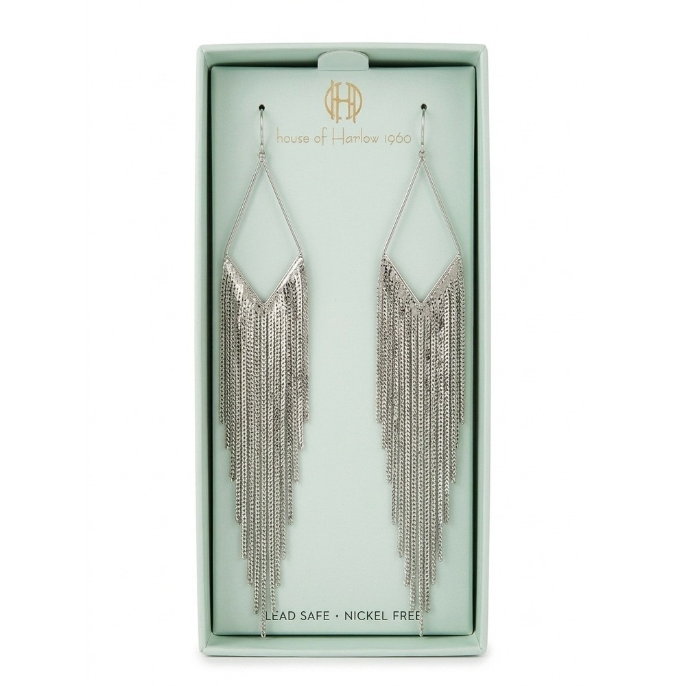House of Harlow 1960 Silver Chevron Chain Fringe Dangle Drop Earrings Statement